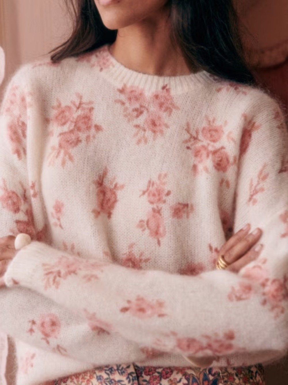 Sezane Cream Floral Crewneck Sweater with Pink Rose Print